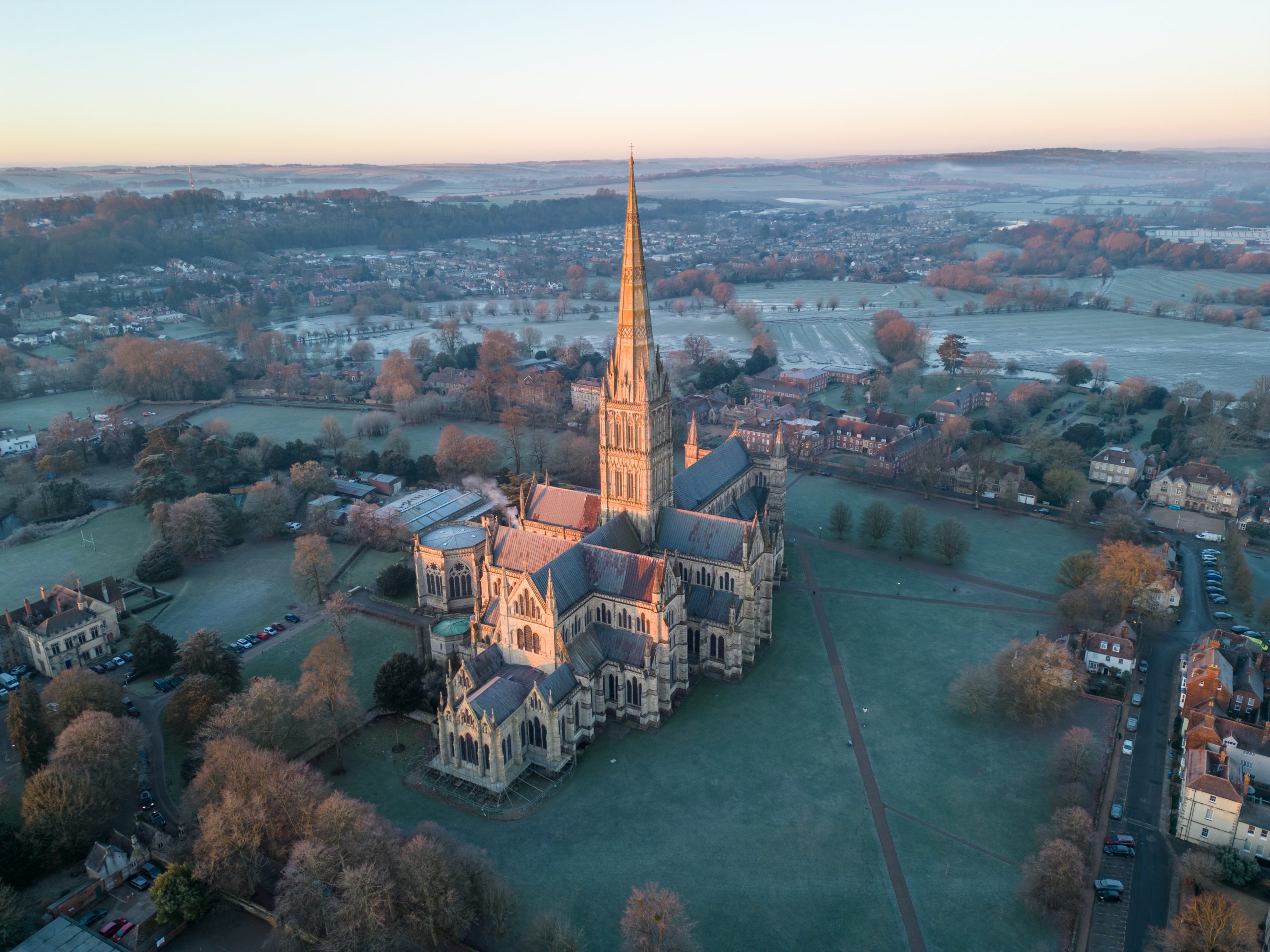 View of Cathedral & surrounds from the air in the winter sunshine