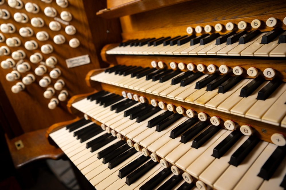 Photo shows details of the organ console
