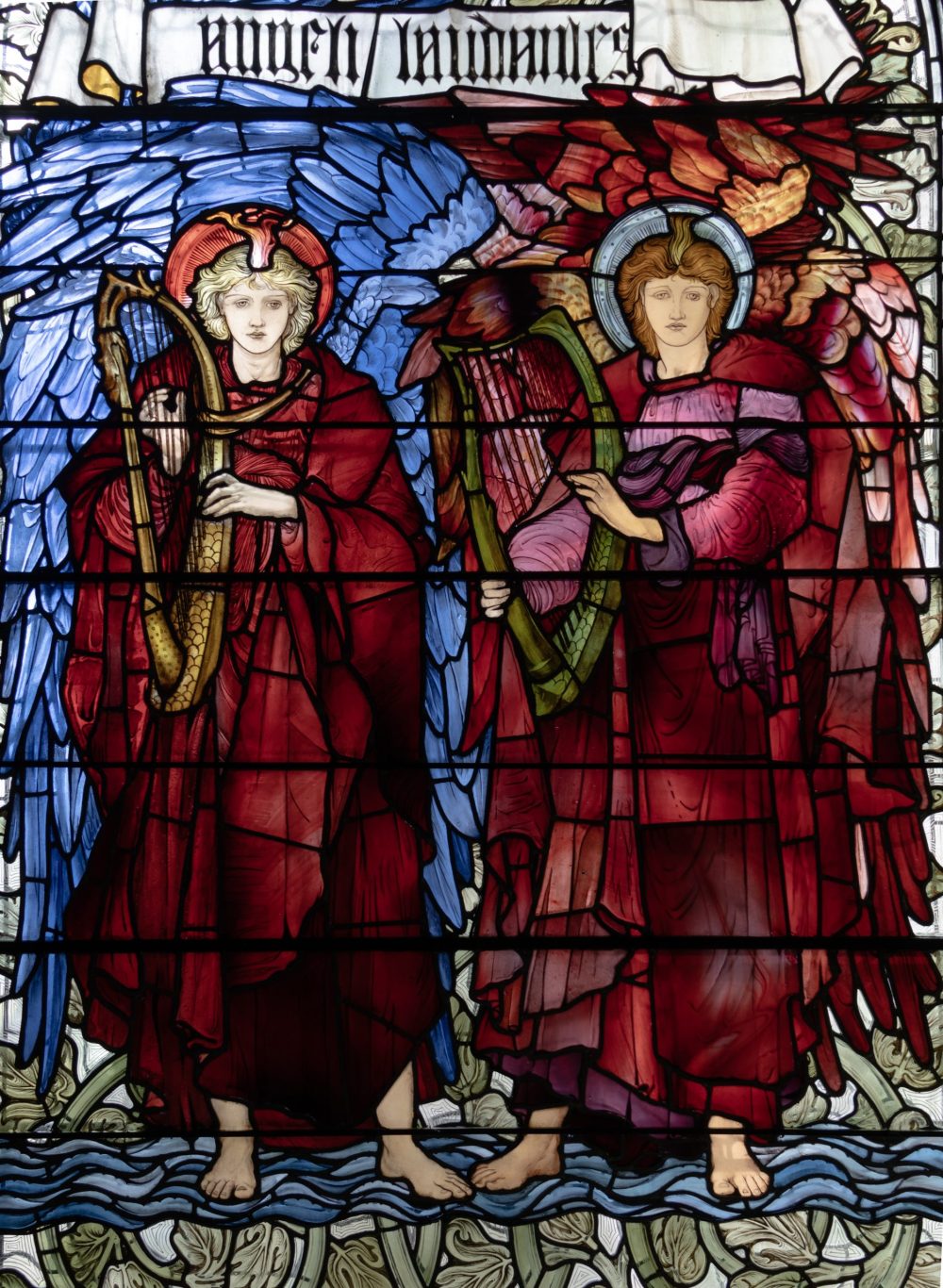Detailed view of the Burne Jones window, showing two of the four angels